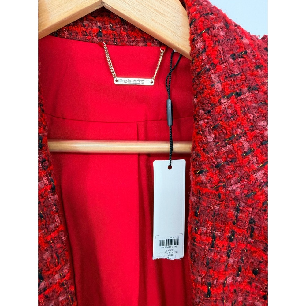 Chico's Tweed Blazer 2 Red Textured Raw Edge Jacket Parisian Chic Holiday - Picture 6 of 11
